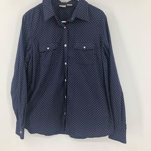L.L. Bean Shirt Womens XL Polka Dot Long Sleeve Navy Button Down Shirt Blue